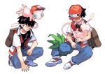  1boy backpack badge bag bangs baseball_cap belt belt_buckle black_hair black_shirt brown_bag buckle buttons closed_mouth collarbone commentary_request gen_1_pokemon hat hatted_pokemon highres jacket kneeling male_focus mew mythical_pokemon newo_(shinra-p) oddish on_head open_clothes open_jacket pants pokemon pokemon_(creature) pokemon_(game) pokemon_on_head pokemon_rgby red_(pokemon) shirt shoes short_sleeves spread_legs 
