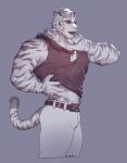  1boy animal_ears arknights bara bare_shoulders black_tank_top bulge chain_necklace cropped_legs dog_tags dyeong furry highres large_pectorals lifted_by_self looking_at_viewer male_focus midriff_peek mountain_(arknights) muscular muscular_male pants scar scar_across_eye shirt_lift short_hair sidepec solo stomach tail tank_top thick_thighs thighs tiger_boy tiger_ears tiger_tail white_fur white_hair white_pants 