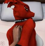  3d_(artwork) 5_fingers ambiguous_gender anthro bed bedroom_eyes breasts collar dannydemon digimon digimon_(species) digital_media_(artwork) dragon duo female female_focus fingers furniture grabbing_from_behind guilmon human looking_at_viewer looking_back mammal narrowed_eyes open_mouth pillow scalie seductive source_filmmaker spiked_collar spikes submissive submissive_female 