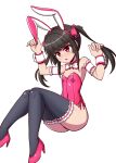  1girl animal_ears black_hair black_legwear bow bowtie bunny_ears bunny_tail commentary_request detached_collar flat_chest frilled_armband frilled_legwear high_heels leotard long_hair playboy_bunny red_eyes red_footwear red_leotard senki_zesshou_symphogear simple_background sitting solo strapless strapless_leotard tail thighhighs tsukuyomi_shirabe twintails white_background white_neckwear wrist_cuffs zetsumu 