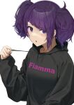  1girl :o bangs black_hoodie blush clothes_writing diagonal_bangs drawstring_pull ear_piercing earrings eyebrows_visible_through_hair highres hood hoodie idolmaster idolmaster_shiny_colors italian_text jewelry long_sleeves looking_at_viewer noeru open_mouth piercing purple_eyes purple_hair short_hair short_twintails simple_background solo tanaka_mamimi translated twintails upper_body white_background 