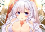  1boy 1girl after_paizuri areola_slip areolae azur_lane bare_shoulders blush breast_squeeze breasts bridal_veil censored cleavage clip_studio_paint_(medium) cum cum_on_body cum_on_breasts dress eyebrows_visible_through_hair facial flower halter_dress halterneck hetero illustrious_(azur_lane) illustrious_(morning_star_of_love_and_hope)_(azur_lane) indoors large_breasts long_hair looking_at_viewer mole mole_under_eye mosaic_censoring official_alternate_costume paizuri penis rose sleeveless sleeveless_dress sou_(soutennkouchi) veil wedding_dress white_dress white_flower white_rose 
