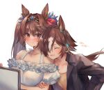  2girls :d ^_^ animal_ears bangs bare_shoulders black_jacket blush breasts brown_eyes brown_hair brown_shirt closed_eyes closed_mouth collarbone crossed_arms daiwa_scarlet_(umamusume) eyebrows_visible_through_hair fang fang_out frilled_shirt frills hair_between_eyes hair_intakes hair_over_one_eye head_on_another&#039;s_shoulder highres horse_ears jacket large_breasts long_hair multicolored_hair multiple_girls off-shoulder_shirt off_shoulder open_clothes open_jacket open_mouth puffy_short_sleeves puffy_sleeves ryuuji_teitoku see-through shirt short_sleeves simple_background smile sweat tiara translation_request twintails two-tone_hair umamusume upper_body very_long_hair vodka_(umamusume) white_background white_hair white_shirt 