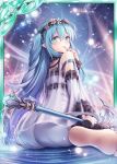  1girl akkijin aqua_eyes aqua_hair ass bare_shoulders blue_sky dress elf finger_to_mouth flower hair_flower hair_ornament holding holding_staff holding_weapon long_hair looking_at_viewer no_shoes official_art pointy_ears seiza shinkai_no_valkyrie sitting sky staff weapon white_dress wreath 