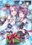  2girls :d akkijin arm_warmers bare_shoulders bell belt black_ribbon box breasts christmas christmas_tree cleavage gift gift_box gloves hair_ornament hair_ribbon japanese_clothes kimono large_breasts looking_at_viewer multiple_girls official_art open_mouth purple_gloves purple_hair red_eyes red_ribbon ribbon shinkai_no_valkyrie short_shorts shorts siblings smile snowflake_hair_ornament snowflakes snowing snowman star_(symbol) twins white_kimono 