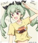  1girl :d anchovy_(girls_und_panzer) artist_name bangs birthday black_ribbon casual character_name commentary copyright_name dated drill_hair eighth_note english_text eyebrows_visible_through_hair girls_und_panzer girls_und_panzer_saishuushou green_hair hair_ribbon happy_birthday long_hair looking_at_viewer ma-2_(konkon_kitakitsune) meta midriff musical_note open_mouth red_eyes ribbon salute shirt short_sleeves signature smile solo t-shirt tied_shirt translated twin_drills twintails yellow_shirt 