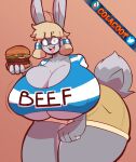  anthro big_breasts blonde_hair breasts burger cleavage clothed clothing colacoot eyewear female food glasses hair huge_breasts hyper hyper_breasts lagomorph leporid mammal rabbit tea_(teabunni) thick_thighs 