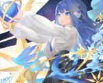  1girl akizone arknights astesia_(arknights) bangs bird blue_eyes blue_hair clock constellation eyebrows_visible_through_hair long_hair long_sleeves shirt solo white_shirt 