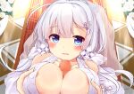 1boy 1girl areola_slip areolae azur_lane bare_shoulders breast_squeeze breasts bridal_veil censored cleavage clip_studio_paint_(medium) dress eyebrows_visible_through_hair flower halter_dress halterneck hetero illustrious_(azur_lane) illustrious_(morning_star_of_love_and_hope)_(azur_lane) indoors large_breasts long_hair looking_at_viewer mole mole_under_eye mosaic_censoring official_alternate_costume paizuri penis rose sleeveless sleeveless_dress sou_(soutennkouchi) veil wedding_dress white_dress white_flower white_rose 
