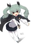 1girl anchovy_(girls_und_panzer) anzio_school_uniform bangs belt black_belt black_cape black_footwear black_neckwear black_ribbon black_skirt buchikaki cape commentary dated dress_shirt drill_hair eyebrows_visible_through_hair full_body girls_und_panzer green_hair hair_ribbon holding leaning_forward long_hair long_sleeves looking_at_viewer miniskirt necktie open_mouth pantyhose pleated_skirt red_eyes ribbon riding_crop school_uniform shadow shirt shoes simple_background skirt smile solo standing twin_drills twintails twitter_username white_background white_legwear white_shirt wing_collar 