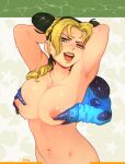  1girl areolae braid breast_grab breasts double_bun eyelashes grabbing green_eyes green_lips hair_cones highres jojo_no_kimyou_na_bouken justrube kujo_jolyne large_breasts lipstick looking_at_viewer makeup multicolored_hair navel nipples nude open_mouth solo stand_(jojo) stomach stone_free stone_ocean sweat two-tone_hair upper_body 