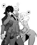  1girl 2boys amamiya_ren areolae belt bisexual_(male) blush breasts breasts_outside drooling erection gloves greyscale handjob heart jacket kukumomo looking_at_another monochrome multiple_boys nipples parted_lips penis persona persona_5 sakamoto_ryuuji scarf short_hair spoken_heart takamaki_anne twintails 