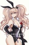  1girl animal_ears bangs bare_shoulders black_gloves black_leotard black_neckwear blonde_hair blue_eyes bow breasts bunny_ears cleavage closed_mouth collarbone commentary contrapposto cowboy_shot criis-chan danganronpa:_trigger_happy_havoc danganronpa_(series) elbow_gloves enoshima_junko eyebrows_visible_through_hair fake_animal_ears gloves hair_ornament hairband hand_on_hip large_breasts leotard long_hair looking_at_viewer necktie red_bow shiny shiny_hair smile solo strapless strapless_leotard twintails twitter_username white_gloves white_neckwear 