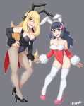  2girls :d absurdres animal_ears artist_name bangs bare_shoulders black_footwear black_jacket black_sleeves blonde_hair blush breasts bunny_ears cleavage collarbone covered_navel cynthia_(pokemon) detached_collar detached_sleeves eyebrows_visible_through_hair fake_animal_ears fishnet_legwear fishnets fur-trimmed_leotard fur_trim grey_background groin hair_ornament hair_over_one_eye hand_on_hip height_difference high_heels highres jacket leaning_forward leotard long_hair medium_breasts multiple_girls open_mouth pantyhose pink_footwear playboy_bunny pokemon pokemon_(game) pokemon_dppt red_leotard red_sleeves rob_ishi shoes simple_background skindentation smile strapless strapless_leotard thighhighs upper_teeth white_legwear 