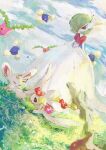  1girl :3 absurdres aomidori_iro bangs blank_eyes blue_sky blurry blurry_foreground bob_cut closed_eyes closed_mouth cloud colored_skin comfey commentary day dress dutch_angle flat_chest floating flower flower_wreath full_body gardevoir gen_2_pokemon gen_3_pokemon gen_5_pokemon gen_7_pokemon grass green_eyes green_hair hair_over_one_eye half-closed_eyes happy highres hoppip jumpluff looking_at_another looking_down mega_gardevoir mega_pokemon minccino open_mouth outdoors pink_flower pokemon pokemon_(creature) red_eyes red_flower running short_hair sky smile solo_focus standing white_dress white_skin yellow_flower 