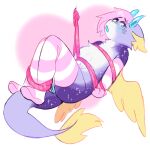  andromorph bdsm blue_eyes blue_horn blush bondage bound clothing dragon embarrassed feathered_wings feathers fur furred_dragon genitals hair hi_res horn intersex legwear myste nonbinary_(lore) pawberry pussy solo thigh_highs wings 