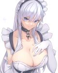  1girl apron azur_lane belfast_(azur_lane) blue_eyes braid breasts broken broken_chain chain cleavage corset elbow_gloves eyebrows_behind_hair french_braid frilled_apron frills gloves hair_between_eyes hand_on_own_chest highres knt02142769 large_breasts long_hair looking_at_viewer low_neckline maid maid_apron maid_headdress signature silver_hair solo upper_body waist_apron white_apron white_gloves white_hair 