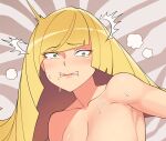  1girl bangs blonde_hair blush breasts cleavage collarbone commentary_request constricted_pupils eyebrows_visible_through_hair eyelashes green_eyes hwa_na_jung korean_commentary long_hair lusamine_(pokemon) mature nude pokemon pokemon_(game) pokemon_sm solo tearing_up teeth upper_body wet 