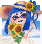  1girl aoaza_83 artist_name bangs blue_eyes blue_hair blue_ribbon blue_tongue blunt_bangs blunt_ends brown_headwear cloud cloudy_sky colored_tongue day domino_mask dress fangs flower hat hat_flower hat_ribbon highres holding holding_flower inkling looking_at_viewer mask medium_hair open_mouth outdoors outside_border pointy_ears ribbon sky smile solo splatoon_(series) standing straw_hat sun_hat sundress sunflower symbol_commentary tentacle_hair white_dress 