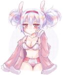  animal_ears azur_lane blush bra breasts collarbone double_bun eyebrows_visible_through_hair fake_animal_ears gradient_hair hair_between_eyes half-closed_eyes heart heart-shaped_pupils laffey_(azur_lane) lingerie multicolored_hair navel off_shoulder panties simple_background sweater symbol-shaped_pupils tears thigh_gap tsurime underwear zipper 