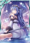  1girl akkijin ass bare_shoulders blue_eyes blue_hair blue_sky dress elf finger_to_mouth flower hair_flower hair_ornament holding holding_staff holding_weapon long_hair looking_at_viewer no_shoes official_art pointy_ears seiza shinkai_no_valkyrie sitting sky staff weapon white_dress wreath 