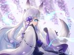  1girl absurdres animal_ears aqua_eyes azur_lane black_gloves blurry commentary_request depth_of_field eyebrows_visible_through_hair fox_ears fox_girl fox_tail gloves hair_ornament hair_over_one_eye highres hitodama japanese_clothes kasumi_(azur_lane) kurono_hyouka long_hair looking_at_viewer petals sidelocks signature solo tail twitter_username white_hair wide_sleeves 