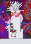  1girl abstract_background arrow_(symbol) black_hair blue_neckwear hanging_legs head_rest highres horns kijin_seija looking_to_the_side multicolored_hair neruzou sandals shirt short_hair short_sleeves sitting skirt solo throne touhou white_shirt 