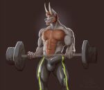  anthro athletic athletic_anthro balls barazoku beard big_penis body_hair bulge canid canid_demon canine canis chest_hair chest_tuft clothing demon exercise facial_hair flaccid fur genital_outline genitals grey_body grey_fur grin gym hairy hellhound hi_res horn leggings legwear male male/male mammal manly muscular penis penis_outline rubber smile smug solo teeth tight_clothing tight_fit tuft weightlifting wolf wolfsecret workout 