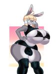  0eff0rt absurd_res anthro big_breasts blonde_hair bottomwear breasts bulge clothing eyewear glasses grey_body gynomorph hair hi_res huge_breasts intersex lagomorph leporid mammal miniskirt panties rabbit skirt solo tea_(teabunni) underwear 