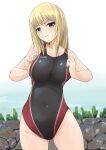  1girl bangs black_swimsuit blonde_hair blue_eyes breast_squeeze breasts competition_swimsuit covered_navel cowboy_shot earl_grey_(girls_und_panzer) eyebrows_visible_through_hair girls_und_panzer grin head_tilt highres kakimoto_nao large_breasts long_hair looking_at_viewer one-piece_swimsuit smile solo standing swimsuit 