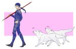  1boy 2others armor blue_bodysuit blue_hair bodysuit closed_mouth cu_chulainn_(fate)_(all) dog earrings fate/stay_night fate_(series) floating_hair from_side full_body gae_bolg_(fate) hand_on_hip holding holding_polearm holding_weapon iash jewelry lancer long_hair looking_at_another male_focus multiple_others muscular muscular_male pauldrons polearm ponytail red_eyes shoulder_armor skin_tight spiked_hair walking weapon white_wolf wolf 