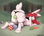  absurd_res anthro bodily_fluids carrot clothing drooling easter easter_egg egg female food forest genital_fluids genitals hi_res holidays lagomorph leporid mammal orgasm_face oviposition plant pussy pussy_juice rabbit ruby_(unidentified-tf) saliva solo tongue tongue_out torn_clothing tree unidentified-tf vegetable 