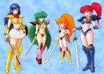  1980s_(style) 4girls 675_(image_675) arm_up armor armored_boots asagiri_youko asou_yuuko ayanokouji_rem bikini bikini_armor blue_background blue_bikini blue_eyes blue_footwear blue_hair boots bracer breasts brown_eyes caron_(rall) choker cleavage crossover dream_hunter_rem earrings full_body gem genmu_senki_leda green_eyes green_hair hand_on_hip highres index_finger_raised jewelry knee_boots leg_warmers legs long_hair miniskirt mugen_senshi_valis multiple_girls navel neckerchief one_eye_closed open_mouth orange_hair pauldrons pink_legwear ponytail red_bikini red_hair retro_artstyle sf_choujigen_densetsu_rall shield shoulder_armor side_ponytail simple_background skirt small_breasts smile swimsuit sword thighs tiara trait_connection valis vambraces very_long_hair weapon white_skirt yellow_bikini yellow_footwear 