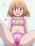  1girl ass awa bikini blush breasts brown_eyes brown_hair cameltoe hanami_yuzuka heart heart-shaped_pupils knees_up leaning_back mahou_shoujo_nante_mou_ii_desukara. open_mouth pink_bikini short_hair sitting small_breasts solo spread_legs swimsuit symbol-shaped_pupils thighs 