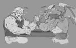  0rang3 absurd_res activision anthro arm_wrestling blizzard_entertainment bodily_fluids bubba_(spyro) clothing dialogue dragon duo facial_hair hair hi_res human male mammal monochrome muscular muscular_anthro muscular_human muscular_male mustache overwatch reinhardt_(overwatch) shirt spyro_reignited_trilogy spyro_the_dragon steam sweat tank_top topwear video_games white_hair wings 