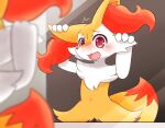  2019 ambiguous_gender anthro blush bodily_fluids braixen canid canine cheek_tuft chest_tuft facial_tuft fur implied_transformation inner_ear_fluff mammal mirror navel nintendo open_mouth orange_body orange_fur pok&eacute;mon pok&eacute;mon_(species) raised_arms red_body red_eyes red_fur reflection solo spiral_eyes standing tears tuft video_games yellow_body yellow_fur も 