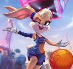  2021 absurd_res anthro ball basketball_(ball) basketball_uniform blonde_hair blue_eyes clothed clothing english_text eyelashes female gloves hair handwear hi_res lagomorph leporid lola_bunny long_ears looking_at_viewer looney_tunes mammal one_eye_closed open_mouth open_smile rabbit smile solo sportswear text text_on_clothing uniform warner_brothers wink wizaria 