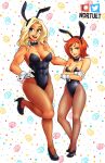  2girls animal_ears beverly_(nortuet) biceps black_footwear black_leotard blonde_hair blue_eyes bow bowtie breasts brown_legwear bunny_ears cleavage commentary couple covered_abs covered_navel detached_collar easter english_commentary fake_animal_ears full_body gloves green_eyes hand_on_hip height_difference high_heels highres leg_lift leotard lips long_hair long_legs medium_breasts multiple_girls muscular muscular_female nortuet orange_hair original pantyhose playboy_bunny short_hair small_breasts strapless strapless_leotard tan tara_(nortuet) thick_eyebrows thick_thighs thighs upper_teeth white_gloves wrist_cuffs yuri 