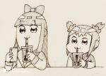  2girls :3 bangs bkub_(style) blueberry_tea blunt_bangs bow bubble_tea cellphone closed_mouth commentary_request cup disposable_cup drink drinking drinking_straw english_text eyebrows_visible_through_hair flat_chest greyscale hair_bow hand_up hands_up highres hime_cut holding holding_phone long_hair long_sleeves monochrome multiple_girls phone pipimi poptepipic popuko sailor_collar school_uniform serafuku shiny shiny_hair sidelocks simple_background sitting sketch traditional_media upper_body watermark white_background 