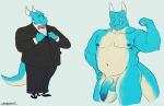  anthro balls belly biceps bottomwear boutonniere bow_tie butt chubby_anthro chubby_male classy clothing coat cuff_links cuffs_(clothing) dragon fangs flexing footwear foreskin formal formal_wear genitals horn jacket male musclegut muscular muscular_anthro muscular_male nipples overweight overweight_anthro overweight_male pants papyreit pecs penis pocket_square pose scalie shirt shoes slightly_chubby smile solo suit teeth topwear uncut underbite vest 