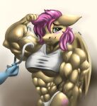  abs anthro blush clothing female fluttershy_(mlp) friendship_is_magic hi_res muscular muscular_anthro muscular_female my_little_pony offscreen_character rizzyofen shy smile solo tape 