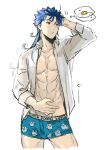  1boy abs alternate_costume alternate_hairstyle blue_hair boxer_briefs closed_mouth collarbone collared_shirt cowboy_shot cu_chulainn_(fate)_(all) earrings fate/stay_night fate_(series) fried_egg jewelry lancer long_hair long_sleeves looking_to_the_side male_focus male_underwear messy_hair muscular muscular_male open_clothes open_shirt red_eyes shibanui shirt simple_background solo spiked_hair thought_bubble underwear white_background 