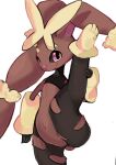  1girl absurdres animal_ears animal_nose black_legwear black_sclera blueberry_tea body_fur brown_fur bunny_ears bunny_tail chinese_commentary closed_mouth colored_sclera commentary_request cowboy_shot flat_chest furry gen_4_pokemon happy highres leg_up looking_at_viewer lopunny mega_lopunny mega_pokemon navel one_eye_closed pantyhose paws pink_eyes pokemon pokemon_(creature) rabbit_girl simple_background smile solo split sports_bra standing standing_on_one_leg standing_split stomach tail torn_clothes torn_legwear white_background 