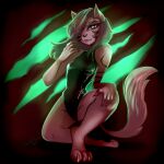  1:1 2021 abstract_background anthro arctic_fox bedroom_eyes biped breasts brown_hair canid canine claws clothed clothing covered_eye crouching dancing digital_media_(artwork) feet female fluffy fluffy_tail fox fur glowing glowing_eyes green_eyes grey_body grey_fur hair hair_over_eye hand_on_knee hand_on_leg hi_res leotard looking_at_viewer mammal marking_(fur) markings nails narrowed_eyes one-piece_swimsuit one_eye_obstructed plantigrade pose rubber seductive signature simple_background skinny smile solo solo_focus space_(artist) speycs_(character) swimwear toes trans_(lore) 