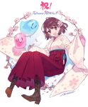  1girl artist_request atelier_(series) atelier_sophie boots brown_eyes cherry_blossoms cross-laced_footwear hakama highres japanese_clothes kimono lace-up_boots official_art open_mouth puni_(atelier) red_hair red_hakama short_hair smile solo sophie_neuenmuller 