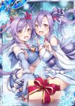  2girls :d akkijin arm_warmers bare_shoulders bell belt box breasts christmas christmas_tree cleavage gift gift_box gloves hair_ribbon japanese_clothes kimono large_breasts looking_at_viewer multiple_girls official_art open_mouth purple_gloves purple_hair purple_ribbon red_ribbon ribbon shinkai_no_valkyrie short_shorts shorts siblings smile snowflakes snowman twins white_kimono yellow_eyes 