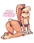 2021 accessory anthro bare_shoulders barefoot big_breasts blonde_hair blue_eyes breasts buckteeth butt cleavage clothed clothing easter english_text eyeshadow feet female floppy_ears fur gloves hair hair_accessory hairband half-closed_eyes handwear hi_res holidays jakuson_z lagomorph leporid lola_bunny looney_tunes makeup mammal multicolored_body multicolored_fur narrowed_eyes one-piece_swimsuit pink_nose rabbit short_hair simple_background smile soles solo swimwear tan_body tan_fur teeth text two_tone_body two_tone_fur warner_brothers white_background 