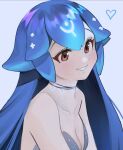  1girl bao_(vtuber) bare_shoulders blue_background blue_eyes blue_hair blush breasts brown_eyes choker cleavage collarbone eyebrows_behind_hair heart highres indie_virtual_youtuber kumaartsu medium_breasts parted_lips smile solo upper_body virtual_youtuber 