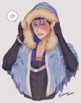  1boy abs blue_hair blush capelet collarbone cu_chulainn_(fate)_(all) cu_chulainn_(fate/grand_order) embarrassed fate/grand_order fate_(series) fur-trimmed_hood fur_trim highres hood hood_up hooded_capelet long_hair male_focus meisei_(akaramu_3305min) muscular muscular_male open_mouth red_eyes simple_background slit_pupils solo sweat twitter_username 