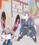  &lt;3 anthro breasts clothed clothing disney female fur grey_body grey_fur gun handgun hi_res judy_hopps kiseff lagomorph leporid mammal multicolored_body multicolored_fur outside police_uniform purple_eyes rabbit ranged_weapon short_stack solo standing thick_thighs two_tone_body two_tone_fur uniform weapon white_body white_fur wide_hips zootopia 